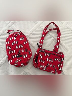 Vera Bradley Playful Penguins Red Little Hipster Crossbody and Lunchbox Set NWT